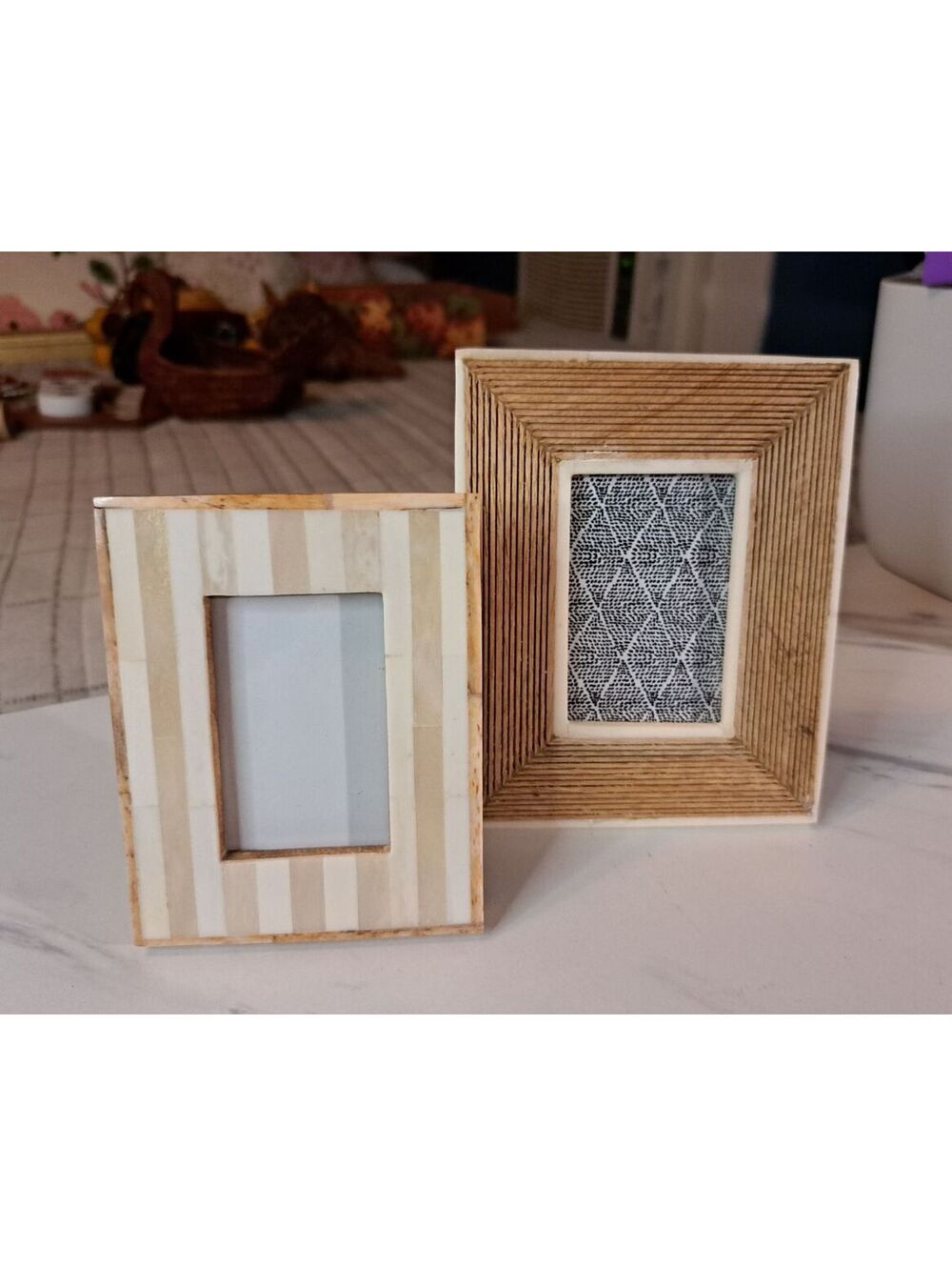 Set of 2 Banka Mundi Mango Wood & Carved Bone Framed Picture Frames 4.5"x 5.5"